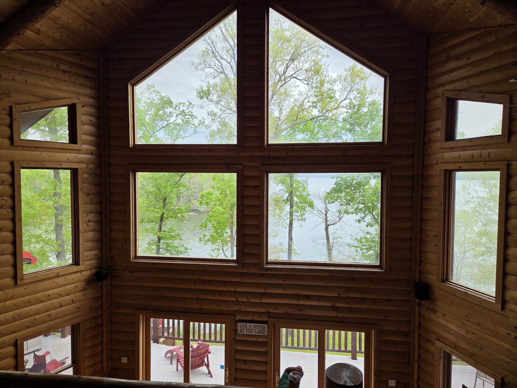 Lake house great room with a water view