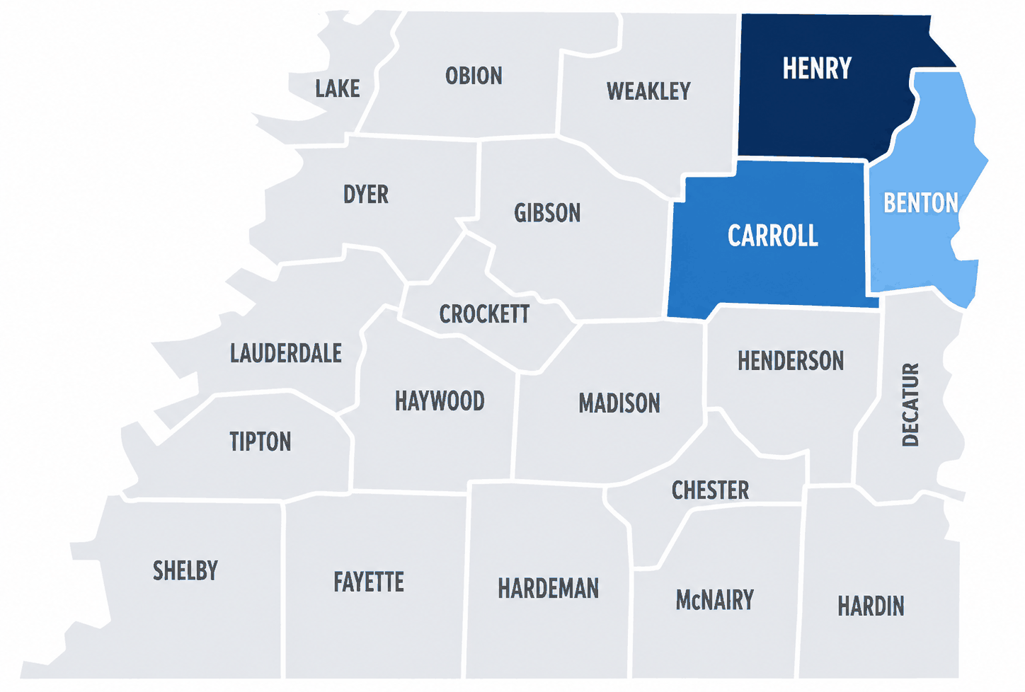 Map showing Everly Cleaning Solutions' service area across Carroll, Henry, and Benton County, TN